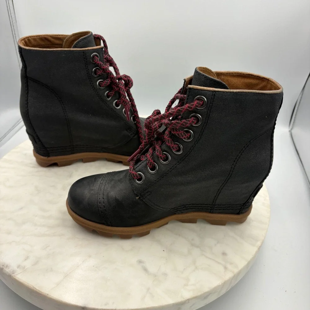 Sorel PDX Wedge Boots Women 6.5 Black Excellent LaceUp Canvas Leather Waterproof